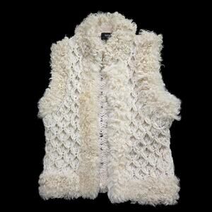 Express Handknit Lamb Trim Vest Cream Mongolian Fur Knit Plush Curly Retro Small